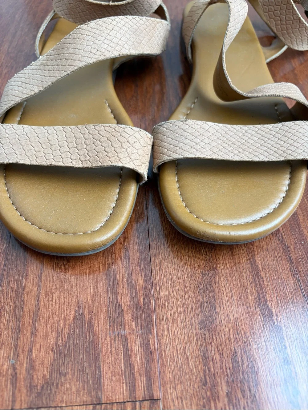 Franco Sarto Gustar Neutral Tan Crisscross Ankle-Strap Sandals, size 8